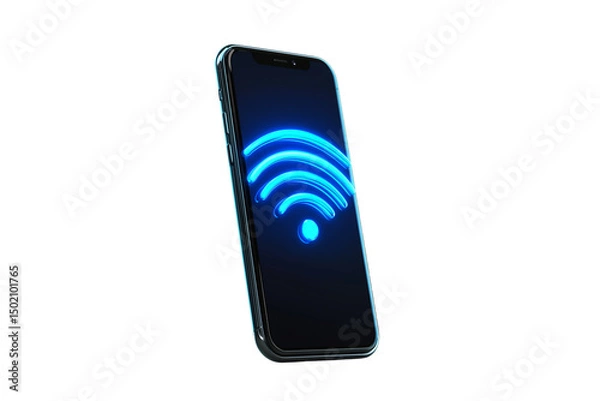 Fototapeta A set of high-quality 3D photorealistic images of smartphones standing upright with vibrant blue Wi-Fi signal lines showing digital connectivity isolated on a transparent background
