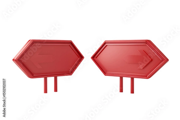 Fototapeta A set of minimalistic 3D opposite-facing red road signs featuring arrow symbols with realistic texture and depth, isolated on a transparent background