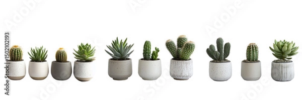 Fototapeta A set of mixed cacti and succulent plants in Nordic-style vases with neat arrangement, isolated on a transparent background