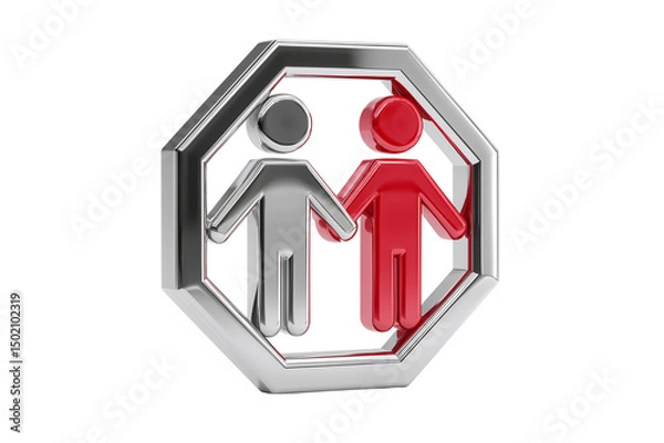 Fototapeta A set of modern 3D chrome stop signs with intertwined male and female symbols on opposite sides illustrating relationships isolated on a transparent background