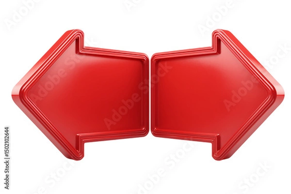 Fototapeta A set of opposite red road signs with arrows facing opposite directions, smooth shadows and sleek 3D rendering, stock photo quality, isolated on a transparent background