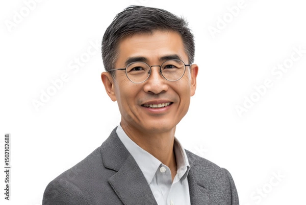 Fototapeta A set of natural professional headshots of middle-aged Asian businessmen with glasses and tailored grey suits smiling in a clean modern aesthetic isolated on a transparent background