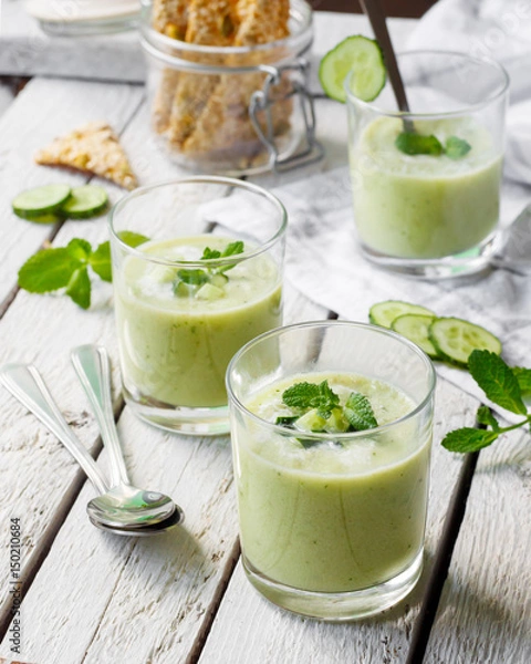 Fototapeta Cold cucumber soup with avocado and mint