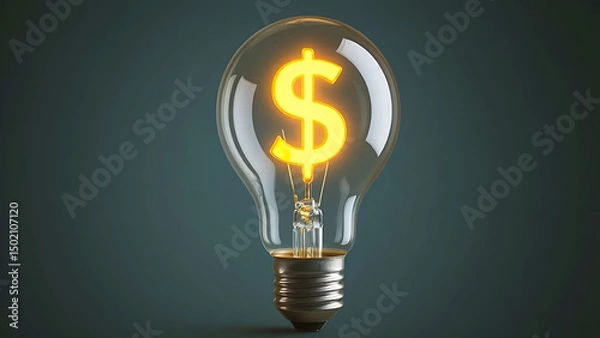 Fototapeta A glowing light bulb with a large bright dollar sign inside, placed on a teal background, perfect for finance, business, or innovation themes.