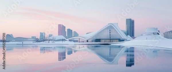Fototapeta Dawn cityscape clean white buildings mirroring pink sky, nature & tech blending, hints of subtle clutter reflect in water.