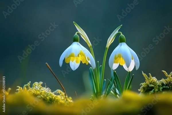 Fototapeta Two delicate snowdrops in springtime, vibrant colors against a backdrop of moss