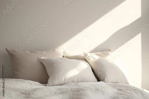 Obraz White bedding with pillows in room.