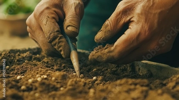 Fototapeta Planting seeds in soil