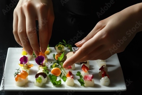 Fototapeta Exquisite plated delicacies being arranged