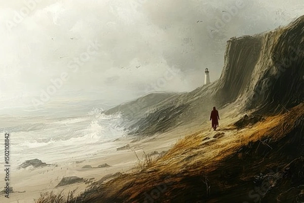 Fototapeta A solitary figure walks a stormy coastal path towards a lighthouse