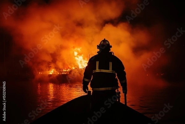 Fototapeta Firefighter at night confronting a blaze on the water