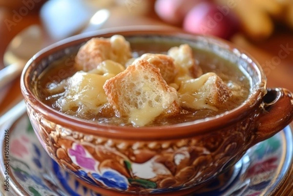 Fototapeta Creamy French onion soup with croutons and cheese