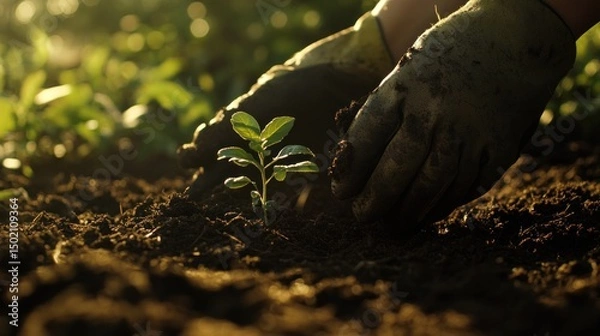 Fototapeta Planting a young seedling in fertile soil