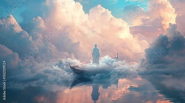 Fototapeta Floating figure on a cloud boat, surreal sky