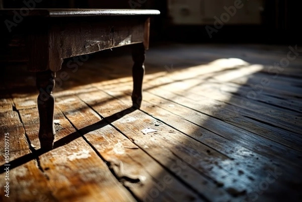 Fototapeta Wooden table shadows on aged floor