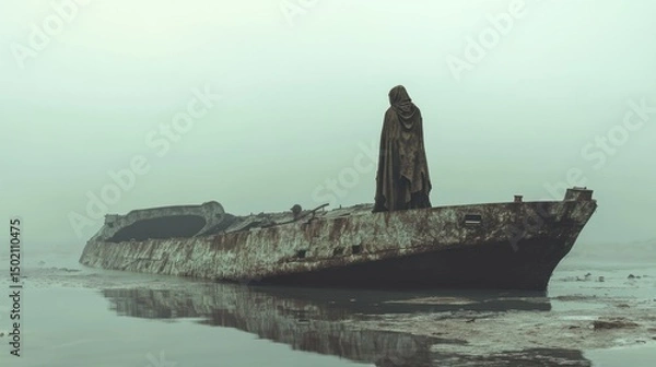 Fototapeta Foggy, abandoned shipwreck with shrouded figure