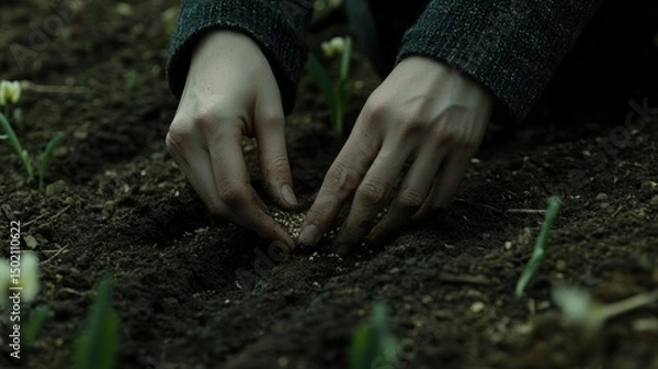 Fototapeta Hands planting seeds in soil (1)