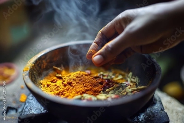 Fototapeta Hand adding spice to a steaming bowl of traditional herbs and spices