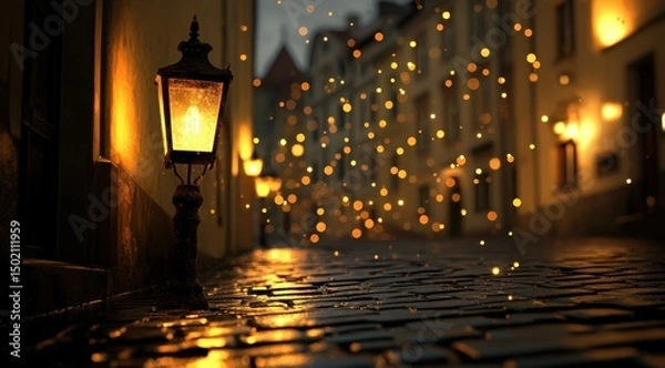 Fototapeta A glowing gas lamp illuminates a cobblestone street at twilight, with soft bokeh lights and falling particles in the background, creating a romantic, dreamy ambiance