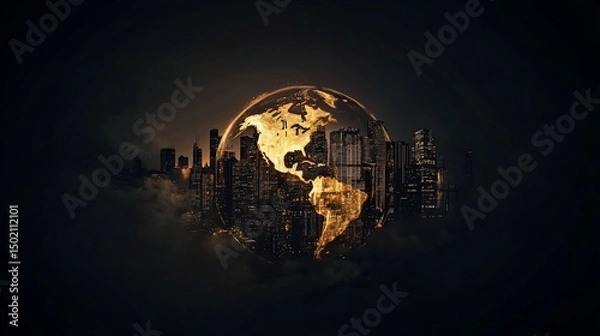 Obraz Globe Encapsulating Cityscape, Glowing Continents Amidst the Darkness