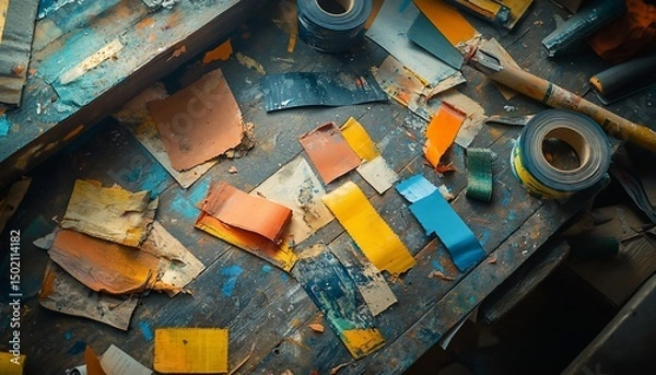 Fototapeta Painter's messy workstation shows creativity in artistic disorder and vibrant colors
