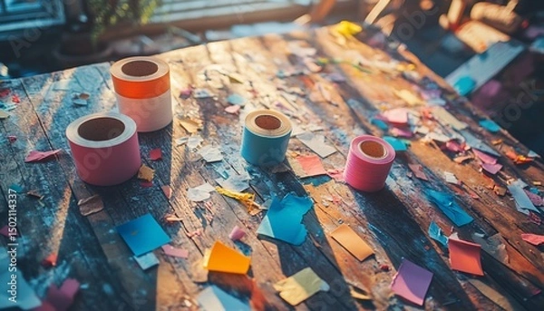 Fototapeta Crafting a Colorful Celebration: Confetti and Rolls on a Rustic Wooden Surface