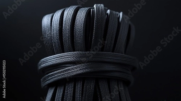 Fototapeta Abstract close-up of a tightly bound bundle of matte black shoelaces or cord