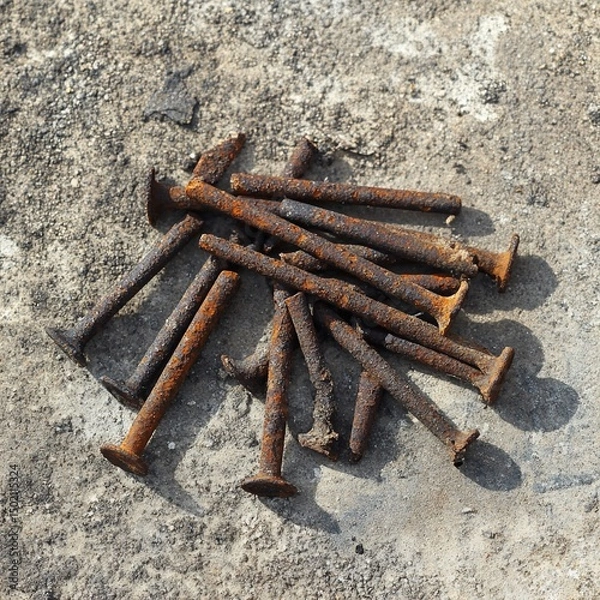 Fototapeta Aged rusty nails on concrete, symbolic of industrial history and decay