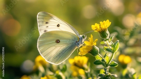 Fototapeta Captivating White Butterfly Perched on Vibrant Yellow Flowers in a Sunny Meadow