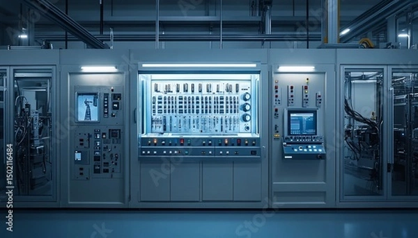 Fototapeta Advanced technology industrial machinery with control panels in a sterile environment