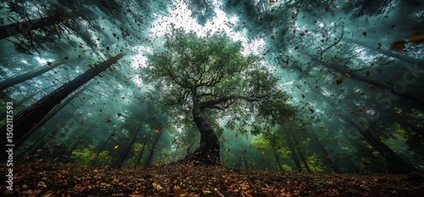 Fototapeta A mesmerizing view of a lone tree amidst a forest during the autumn season