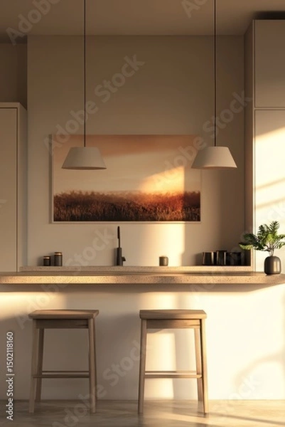 Obraz Interior of modern kitchen with beige walls, concrete floor, white countertops with built in sink and bar stools.