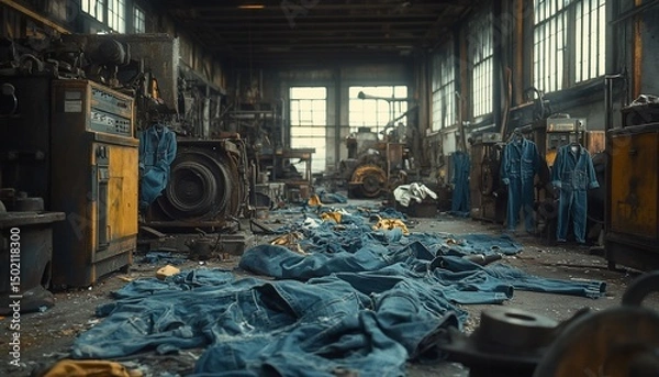 Fototapeta Interior of a run-down factory filled with old machinery and discarded denim overalls