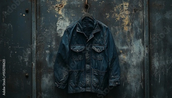 Fototapeta Worn work jacket hanging against a grunge textured wall conveys durability and grit
