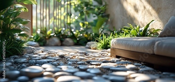 Fototapeta Serene Outdoor Retreat: Tranquil Garden with Stone Path and Comfortable Seating Area