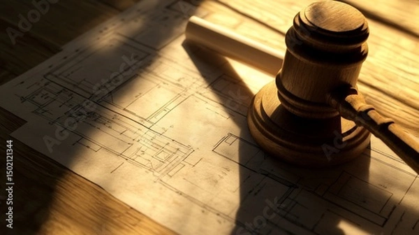 Fototapeta Gavel Resting on Blueprint for Legal Review of Construction Project