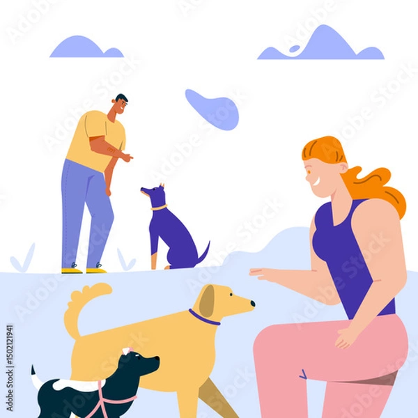 Fototapeta Man and woman training commands with dogs, playing with puppies