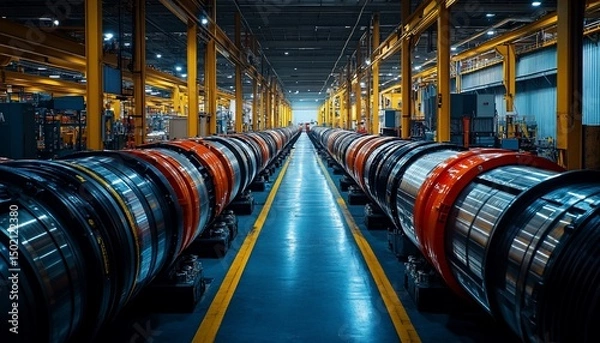 Obraz Symmetrical view of industrial pipeline components within a factory setting
