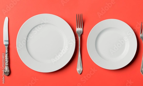 Fototapeta Plate and cutlery isolated on plain background in top view