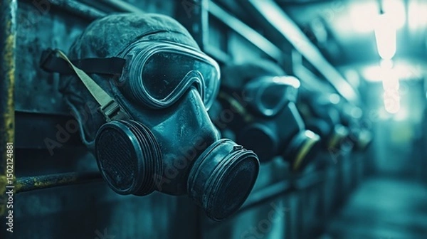 Fototapeta Row of protective gas masks hanging on the wall in an industrial setting or abandoned location