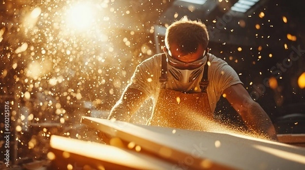 Fototapeta Craftsman working with wood, sunlit workshop filled with golden dust particles