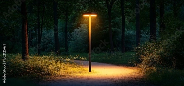 Fototapeta A peaceful pathway illuminated by a modern lamppost in the middle of a dark forest