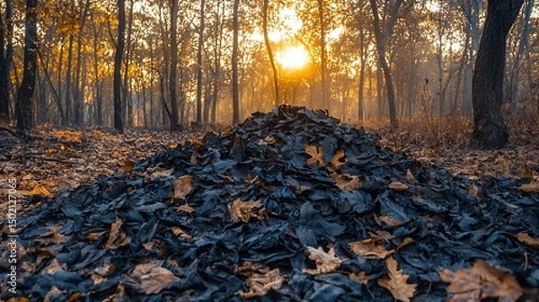 Fototapeta A pile of burnt autumn leaves in a forest illuminated by the golden light of sunset