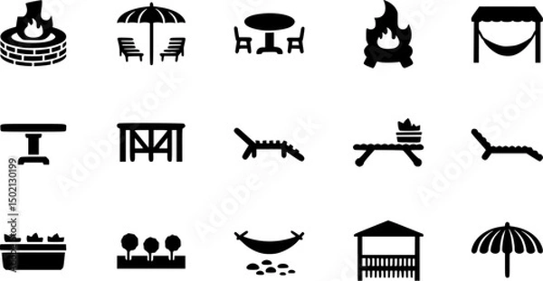 Obraz Garden and patio solid icons set – filled style outdoor, relaxation, and furniture symbols for home design: fire pit, table, lounge chairs, pergola, hammock, planter.