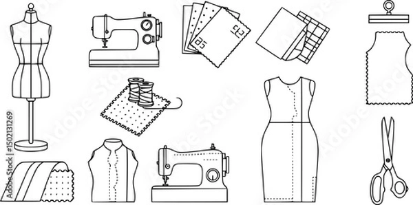 Obraz Fashion design line icons set – outline style sewing and tailoring symbols for diy crafting and clothing design: dress form, sewing machine, fabric swatches, scissors, dress pattern, textile