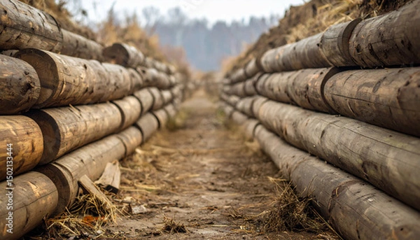 Obraz trench made of wooden logs stacked on both sides
