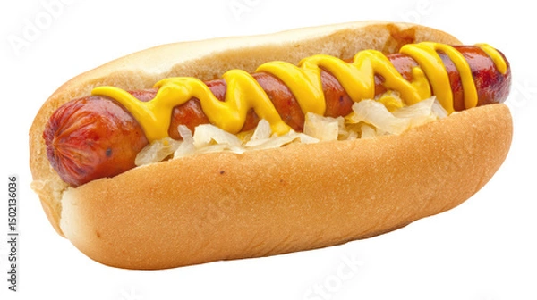 Obraz Hot dog with sauerkraut and spicy mustard on white background