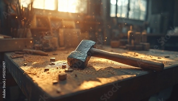 Fototapeta Warm workshop interior with a hammer resting on a work surface during sunset