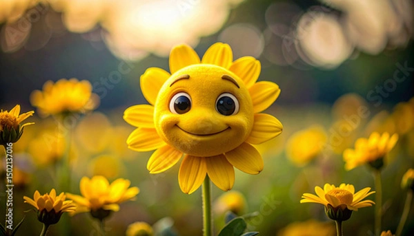 Obraz The image features a yellow flower with a smiling face and large, expressive eyes.