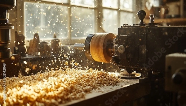 Fototapeta Wood Turning in Workshop: Creating a Beautiful Wooden Object with Precision